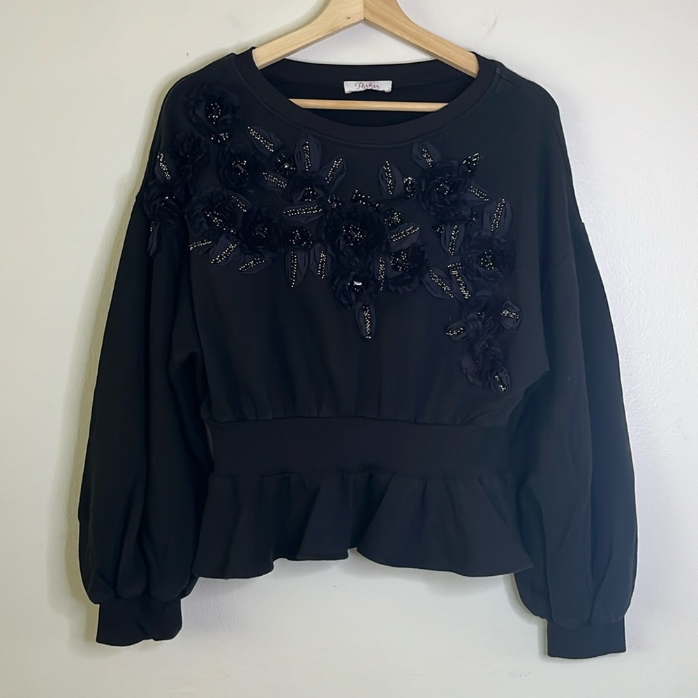 Parker‎ Floral Applique Peplum Sweatshirt in Black size medium